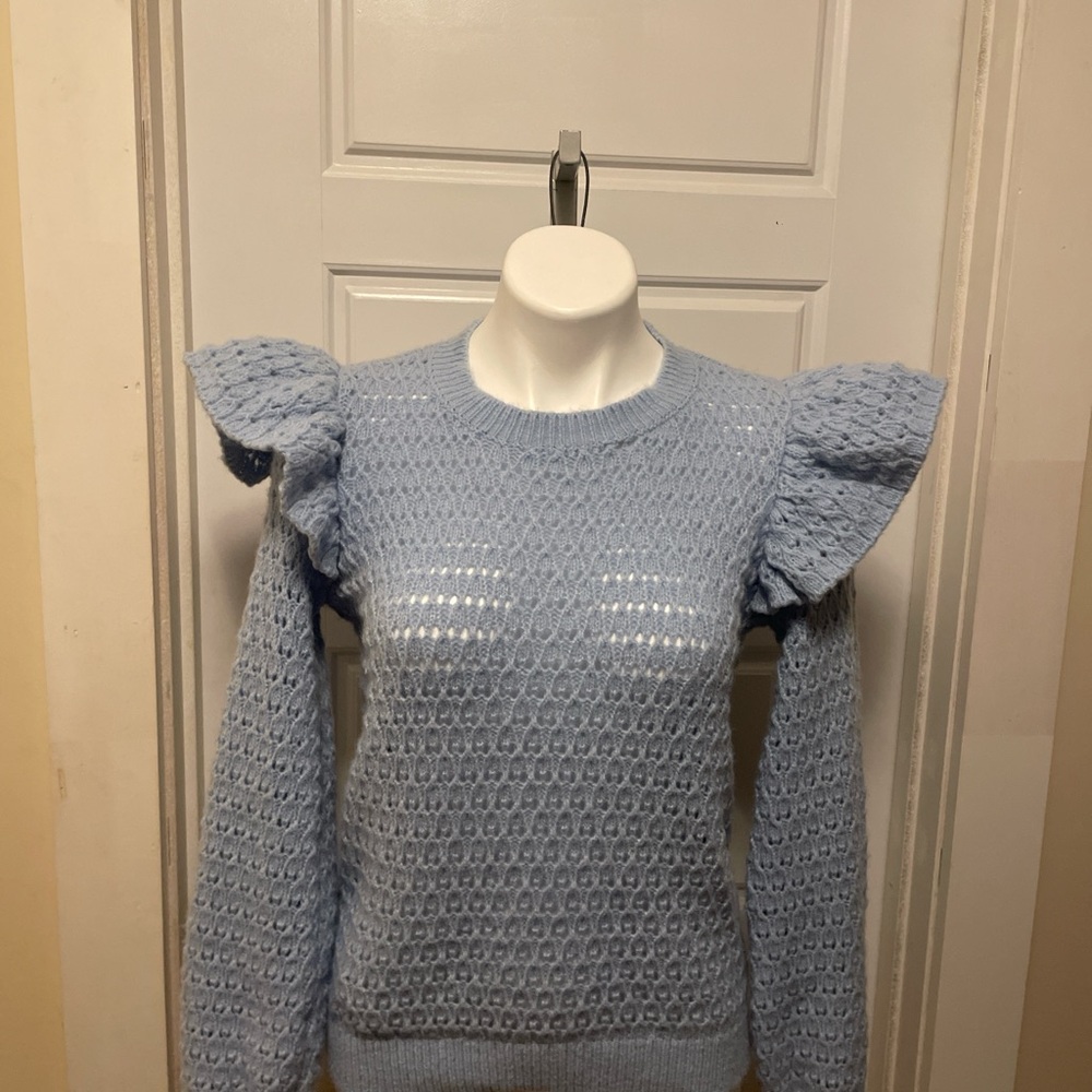 LOFT Light Blue Textured Sweater with Ruffled Shoulders